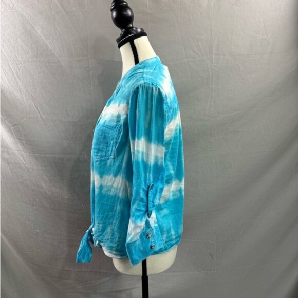 Tye Dye Rhinestone Button Front Tie Blouse Blue - Picture 2 of 6